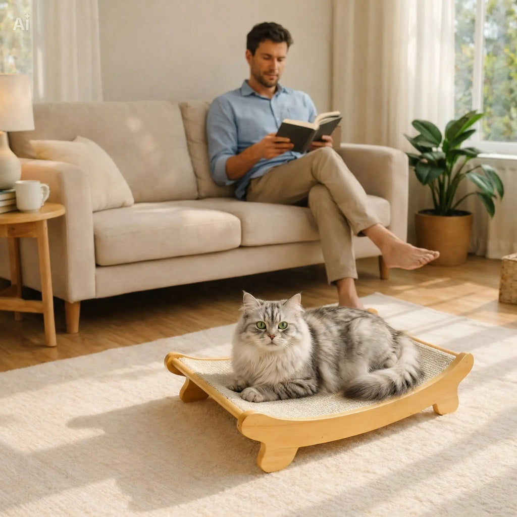 🐱 Hamac pour chat avec grattoir intégré en bois naturel – Confort & design élégant