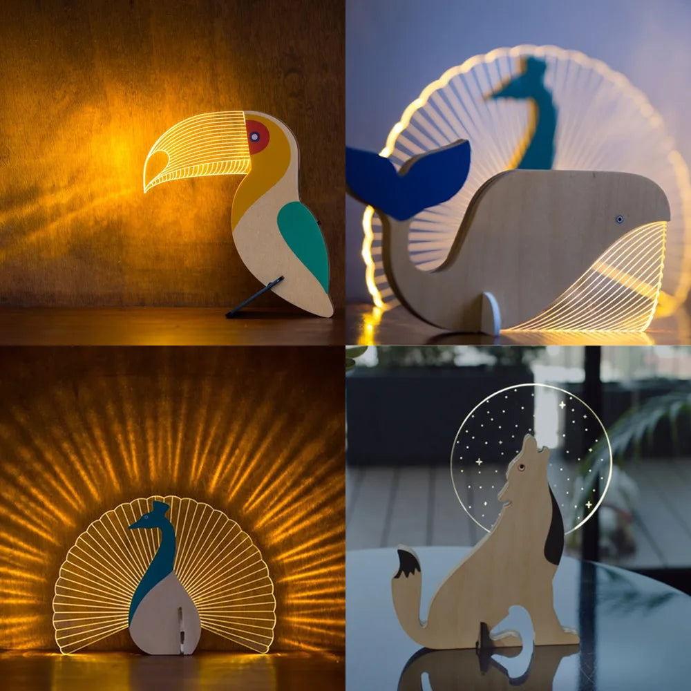 ornements lumineux en bois sculpté et acrylique transparent combinent artisanat et éclairage LED pour créer une atmosphère chaleureuse et originale. Baleine, pélican, toucan, paon