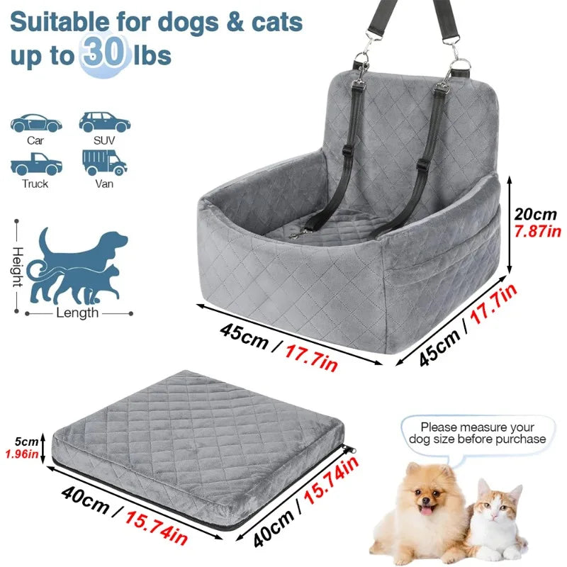 🐶 Siège de voiture portable pour chien — coussin lavable, ceinture de sécurité et poche de rangement