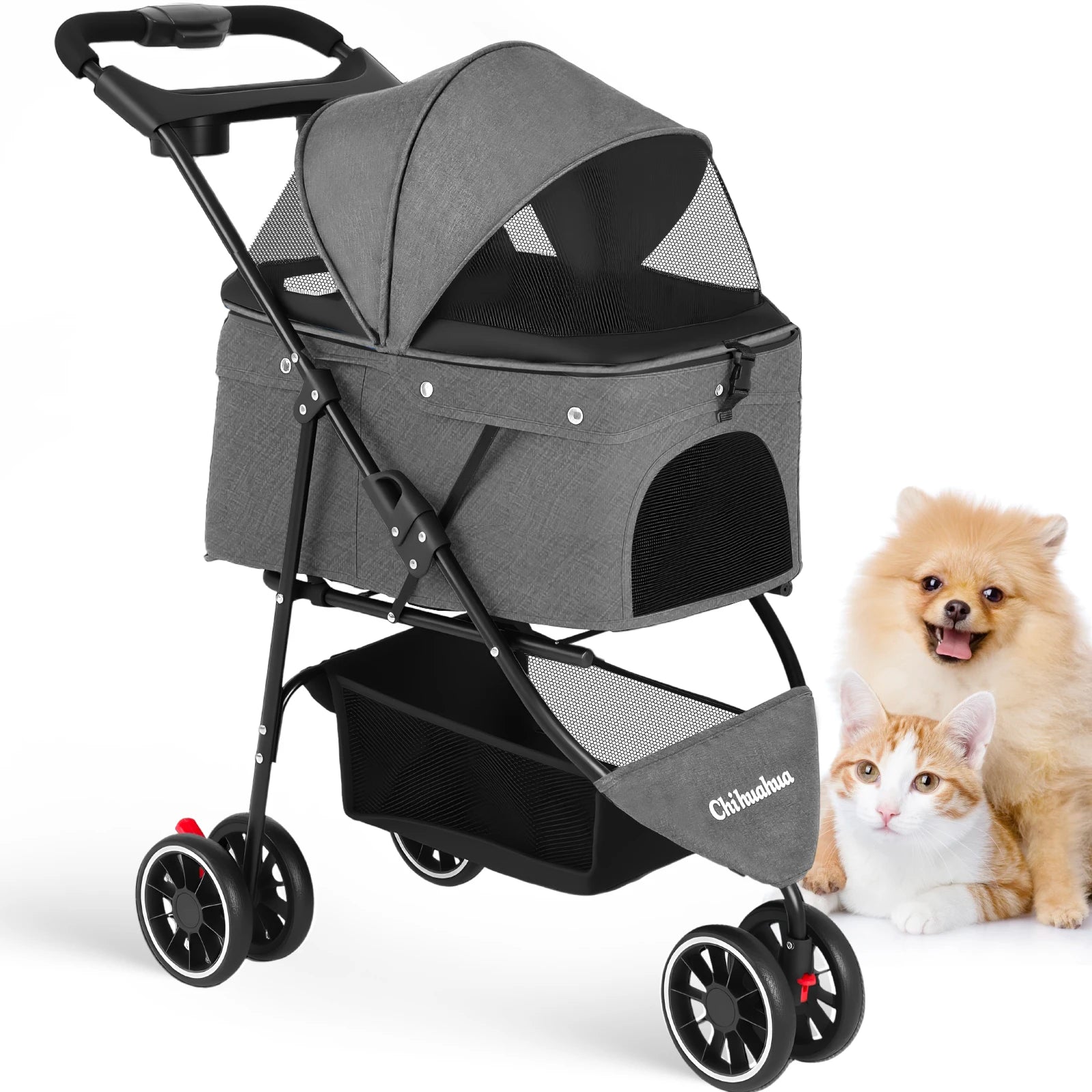 🐱🐶 Poussette 3 roues pliable pour chien et chat — auvent en maille respirante, transport voyage