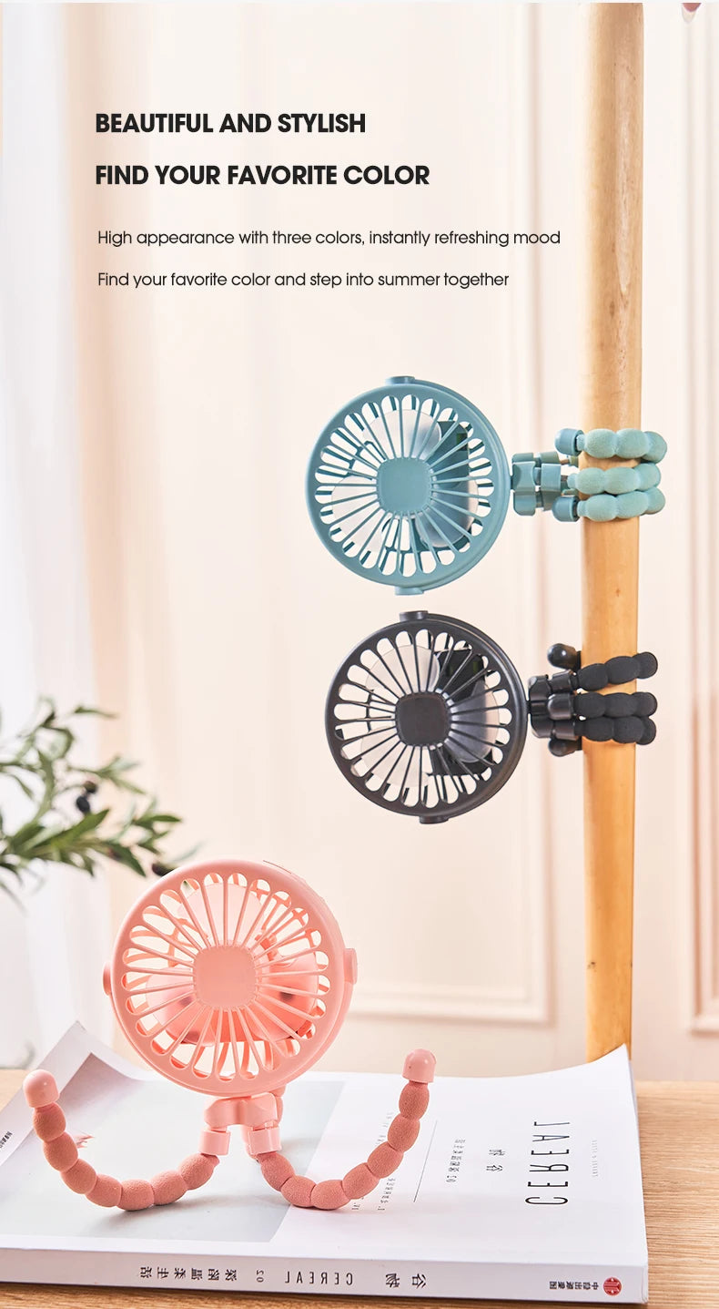 🏠 Ventilateur portable à clipser pour poussette – Mini ventilateur USB oscillant avec trépied flexible