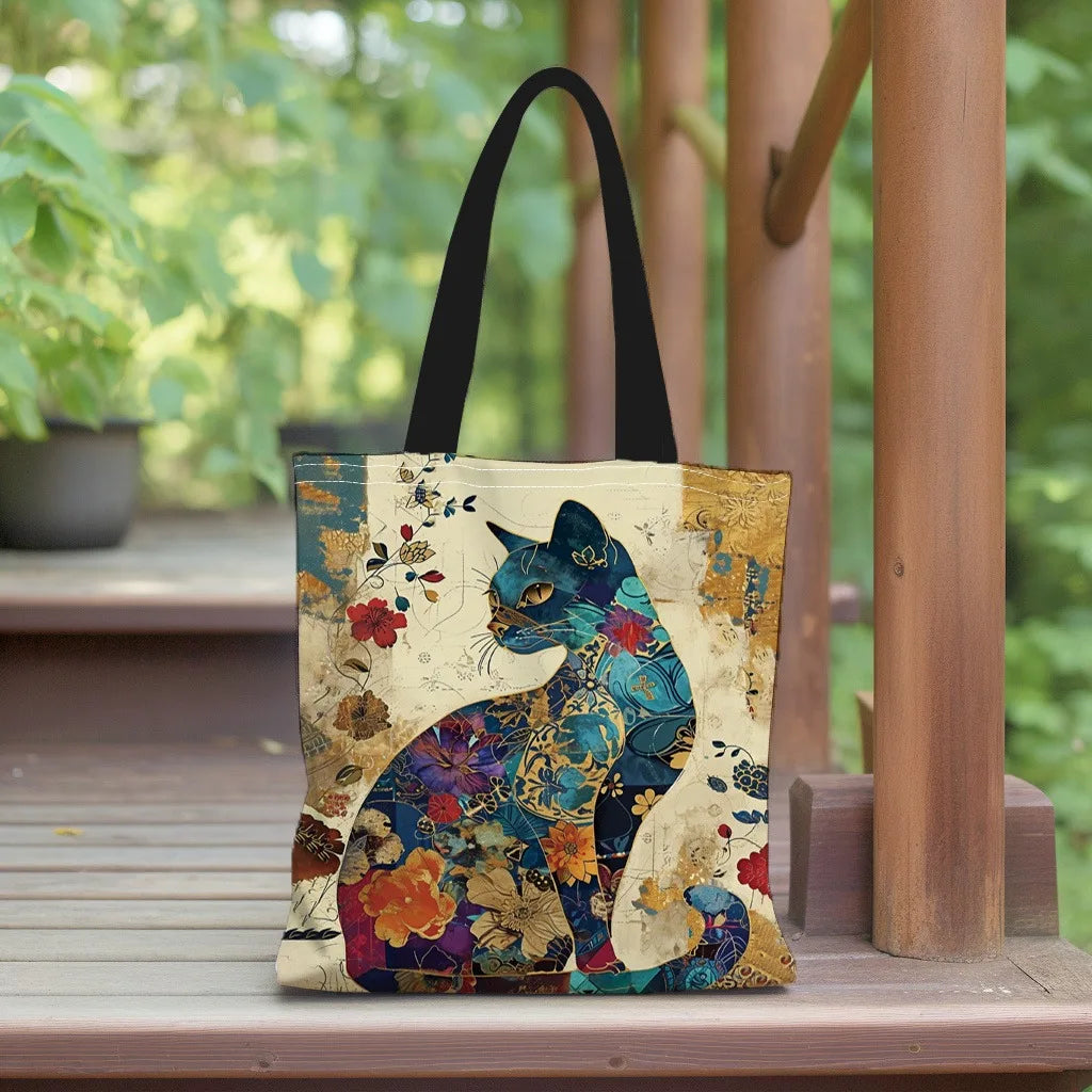  tote bag en canvas imprimé d'un joli motif chat floral 