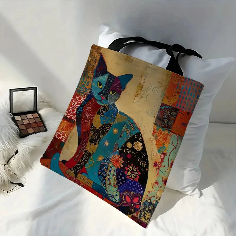 🏠 Tote bag canvas motif chat floral – Sac cabas léger, écologique & tendance