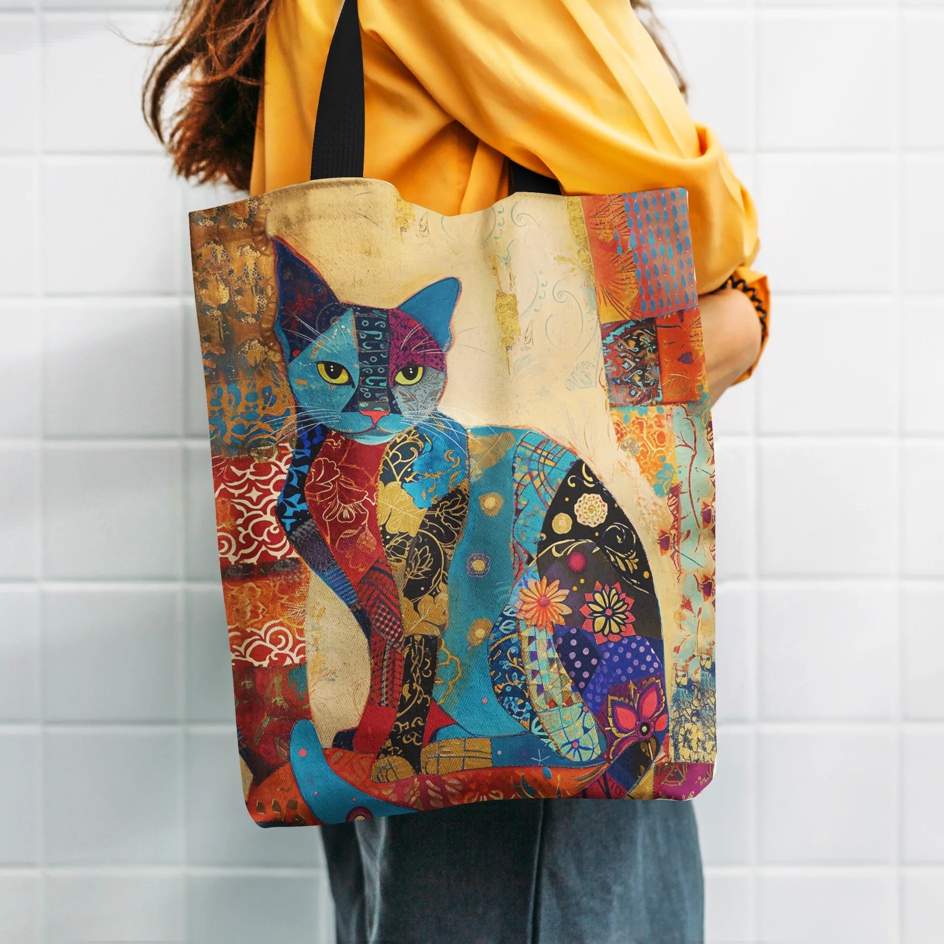 🏠 Tote bag canvas motif chat floral – Sac cabas léger, écologique & tendance