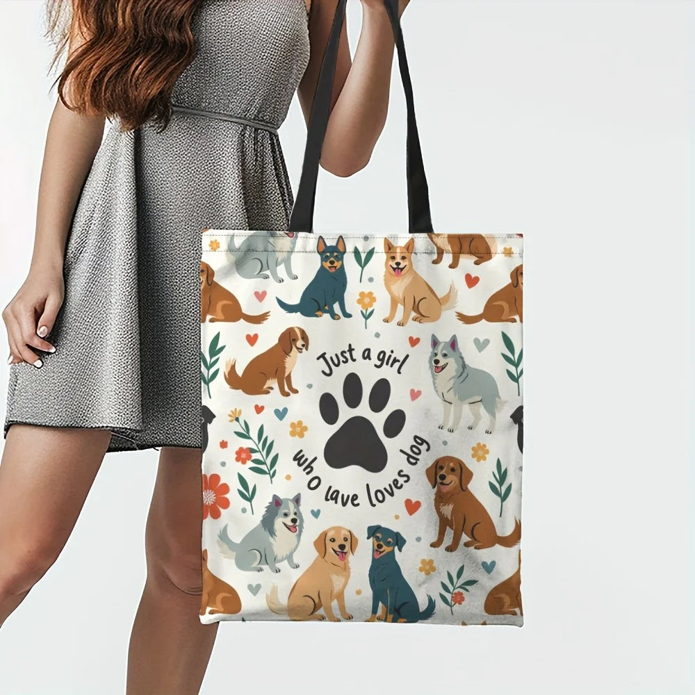 tote bag imprimé tendance avec son message «Just A Girl Who Loves Dogs» et ses illustrations de chiens adorables