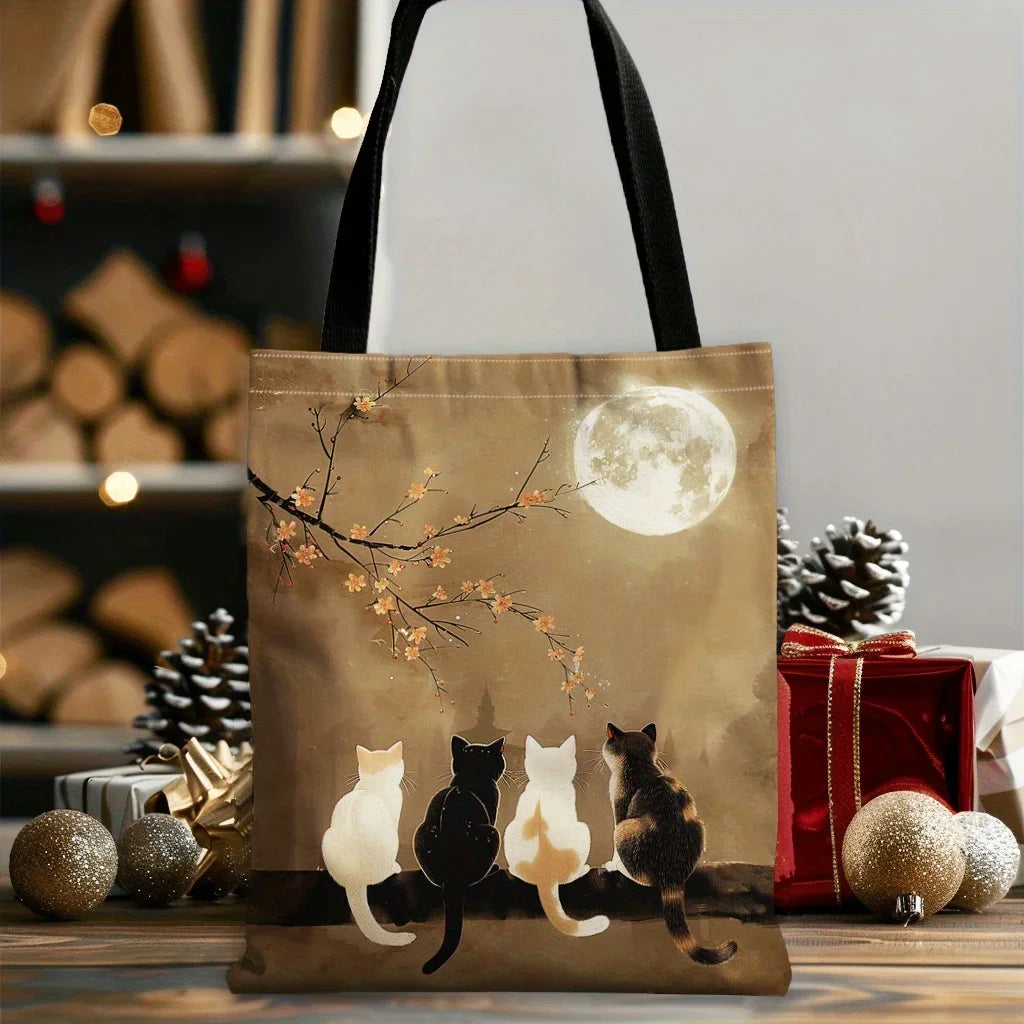 🏠 Tote bag lune & chat grande capacité – Sac cabas esthétique