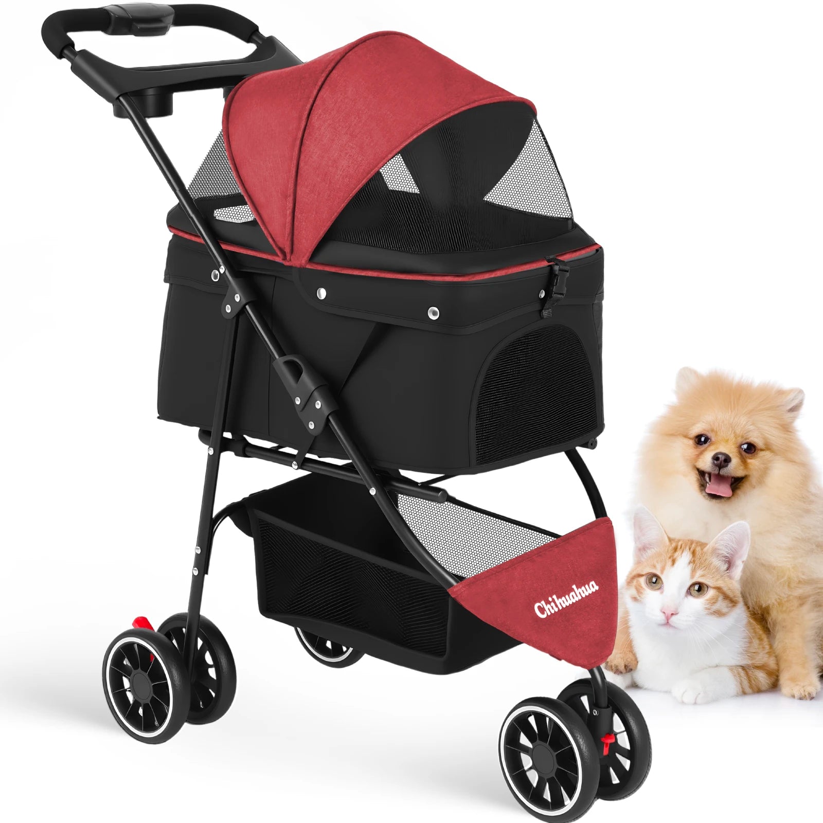 Poussette 3 roues pliable pour chien et chat — auvent en maille respirante, transport voyage