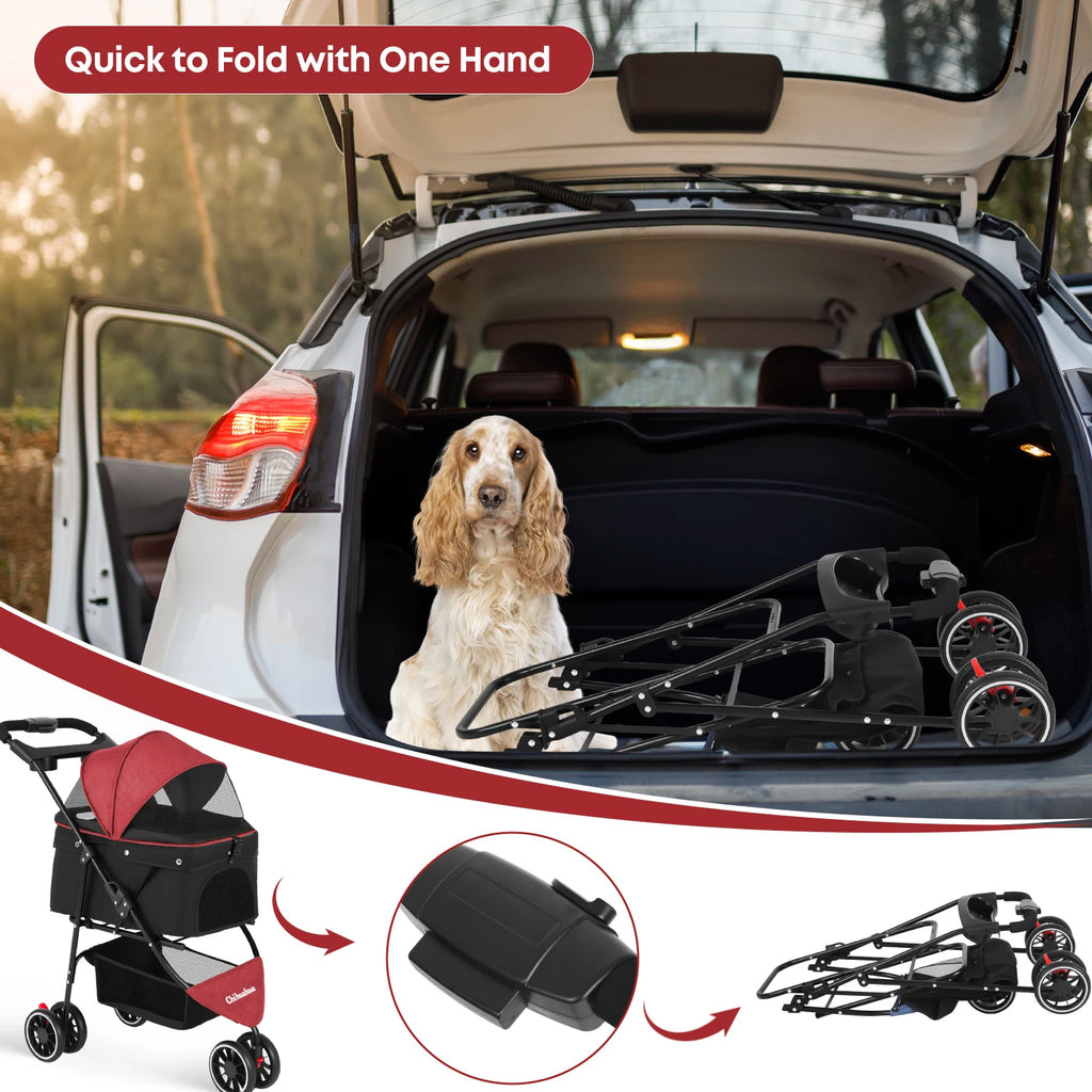 🐱🐶 Poussette 3 roues pliable pour chien et chat — auvent en maille respirante, transport voyage