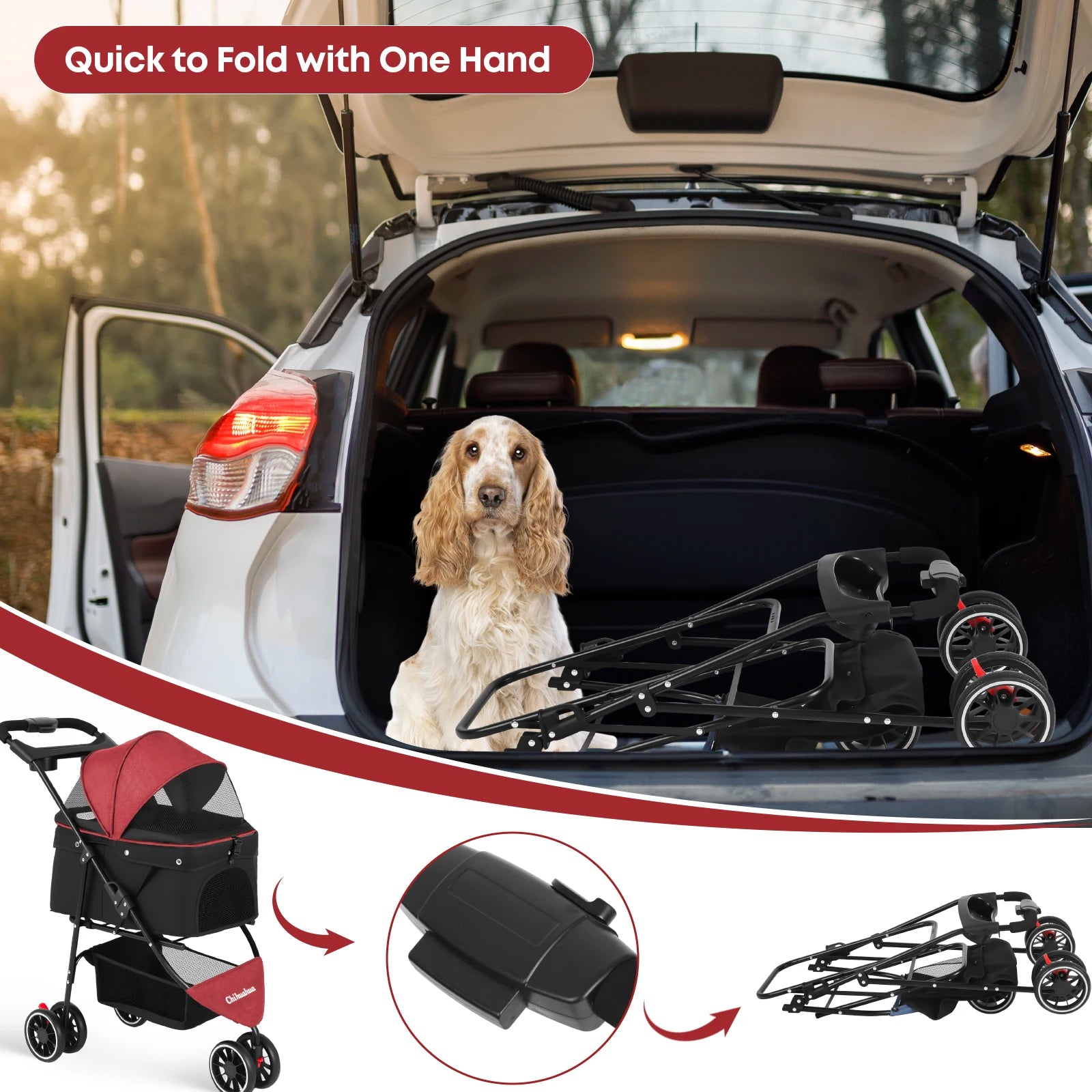 🐱🐶 Poussette 3 roues pliable pour chien et chat — auvent en maille respirante, transport voyage
