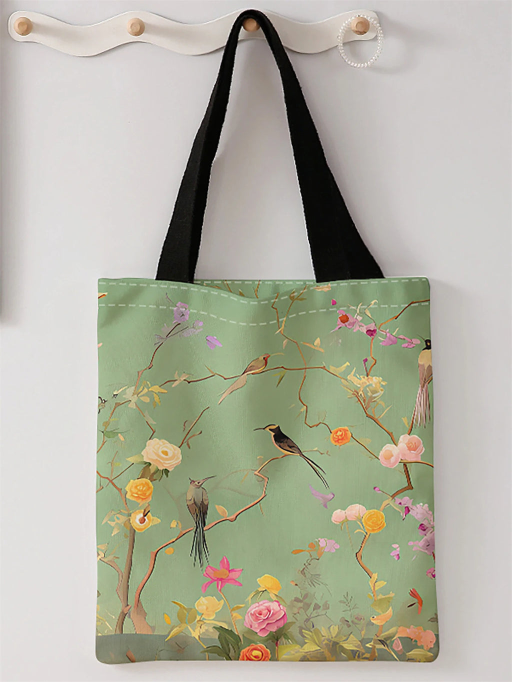 Tote bag en canvas à imprimé fleurs et oiseaux