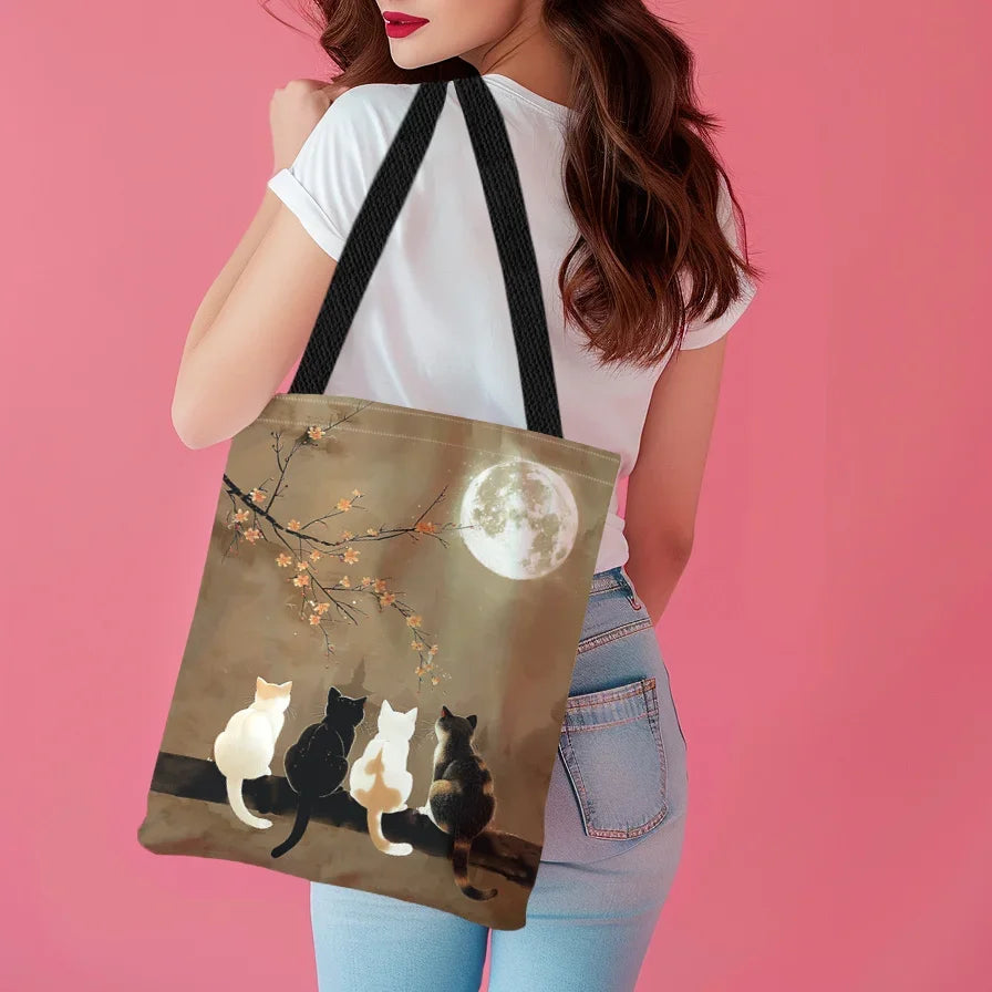 🏠 Tote bag lune & chat grande capacité – Sac cabas esthétique