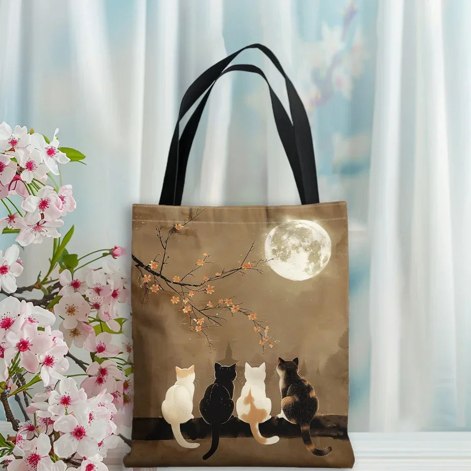 tote bag grande capacité au motif lune et chat 