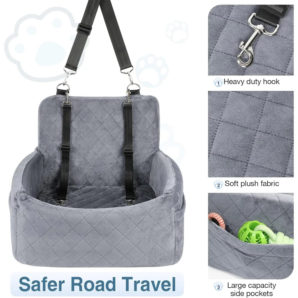 Siège de voiture portable pour chien — coussin lavable, ceinture de sécurité et poche de rangement