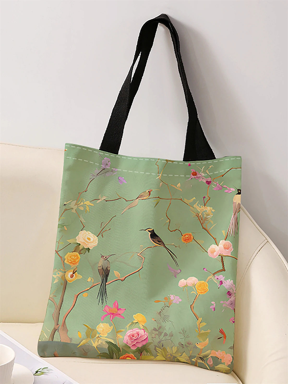 🏠 Tote bag fleurs & oiseaux canvas – Sac cabas imprimé nature, réutilisable & tendance