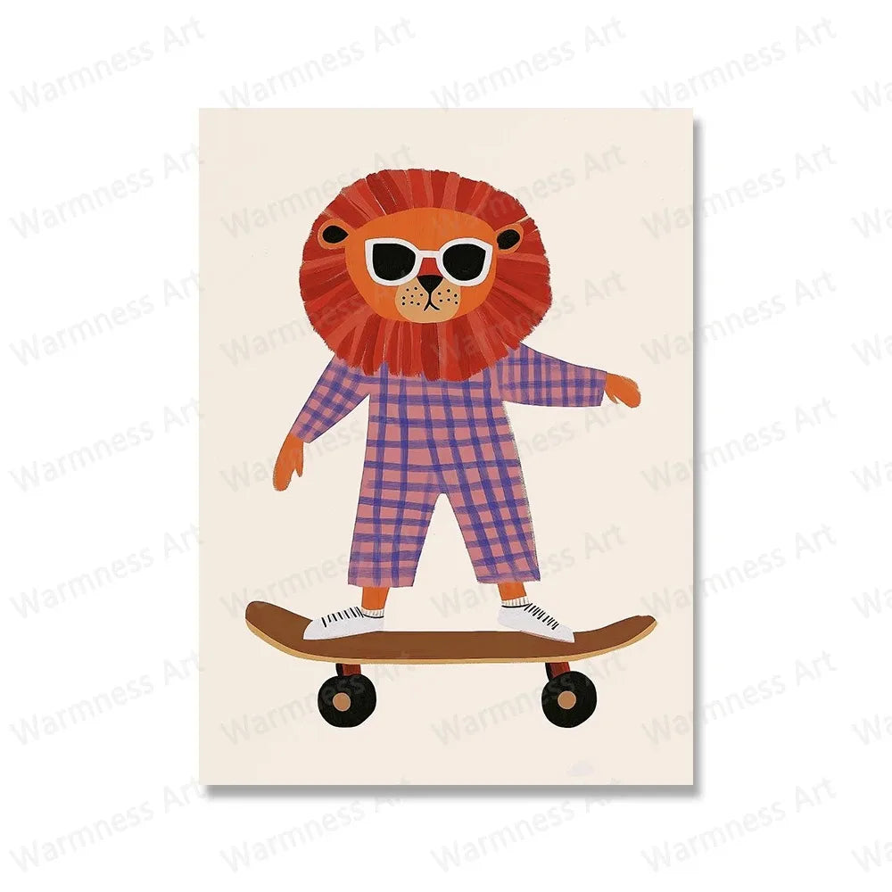 🏠 Affiche canvas skateboard – chien, lion & ours | Décoration Chambre Enfant