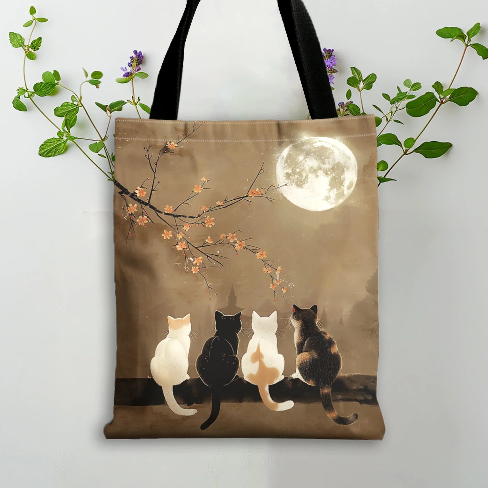 🏠 Tote bag lune & chat grande capacité – Sac cabas esthétique