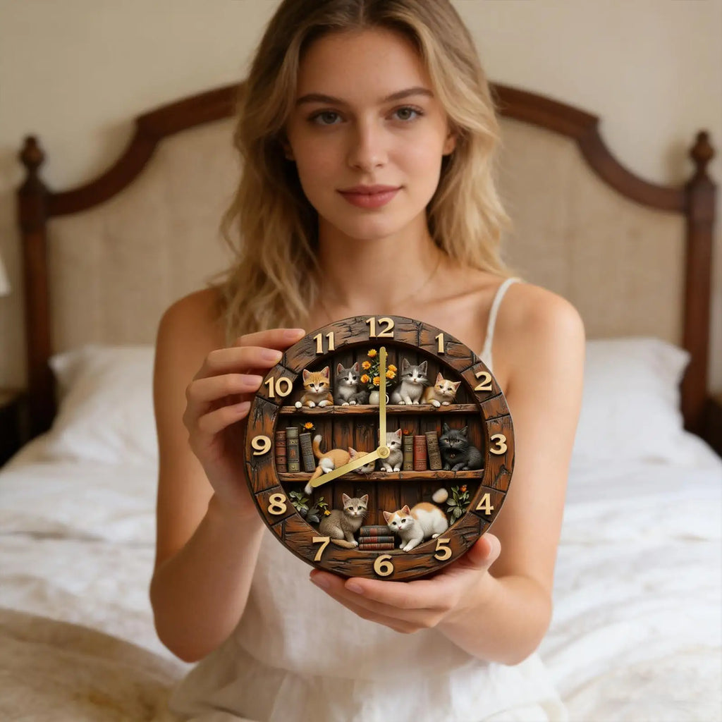 🏠 Horloge murale en bois motif chat – Silencieuse, 30 cm, déco vintage