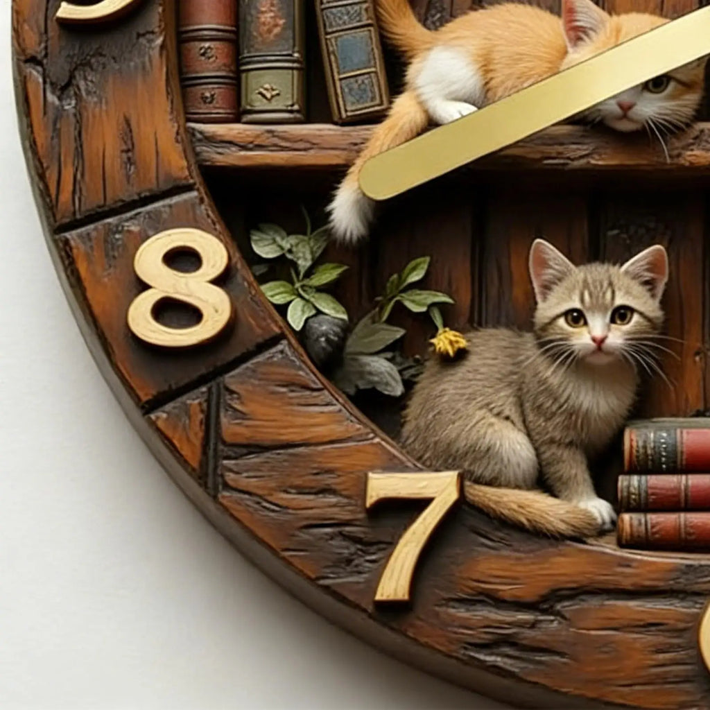 🏠 Horloge murale en bois motif chat – Silencieuse, 30 cm, déco vintage