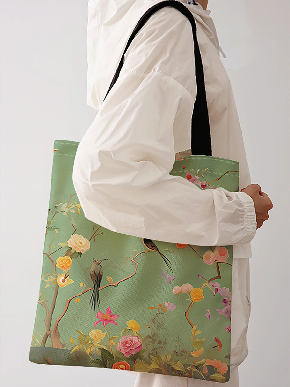 🏠 Tote bag fleurs & oiseaux canvas – Sac cabas imprimé nature, réutilisable & tendance