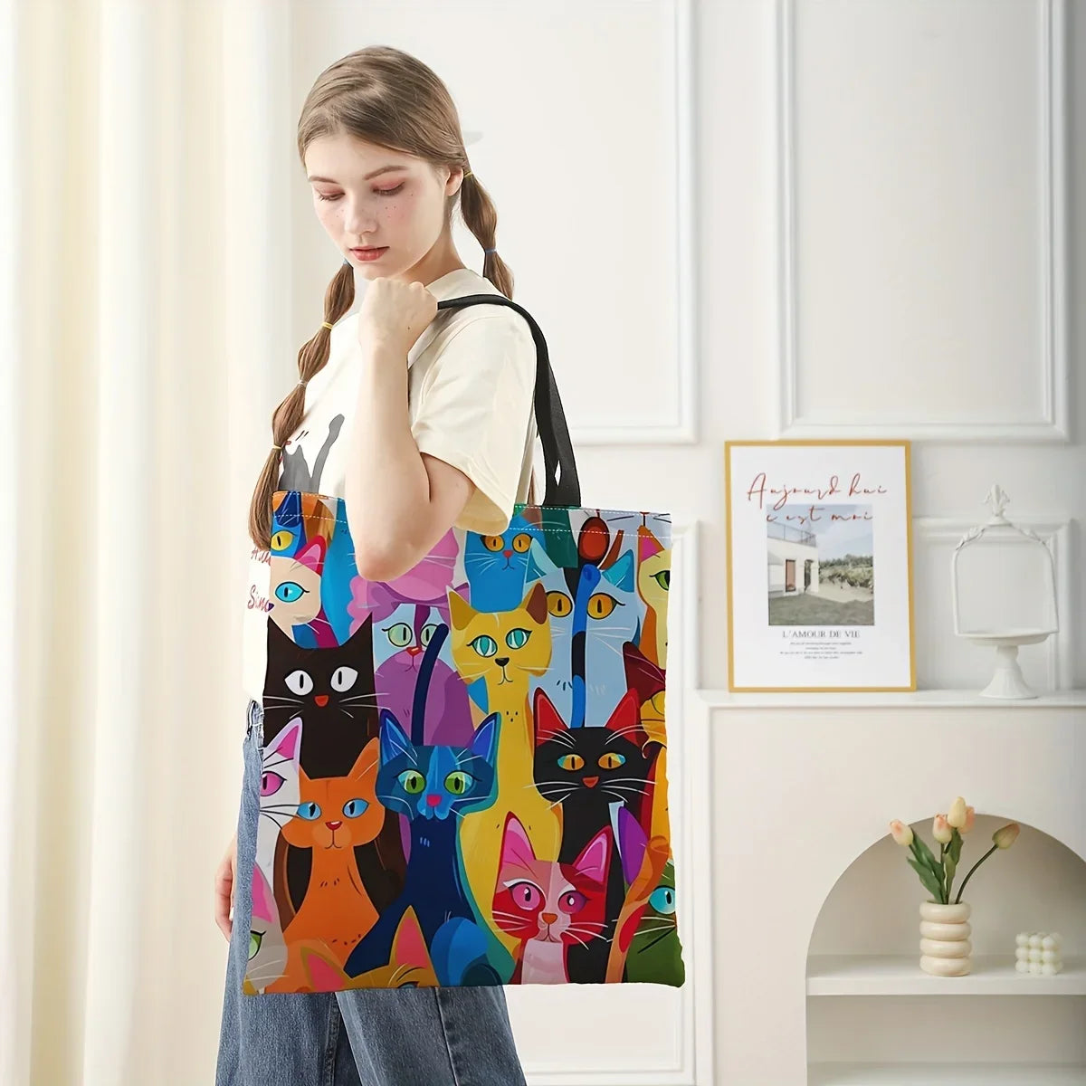 🏠 Tote bag chatons colorés 40x40 cm – Sac cabas réutilisable motif chat, tendance & pratique