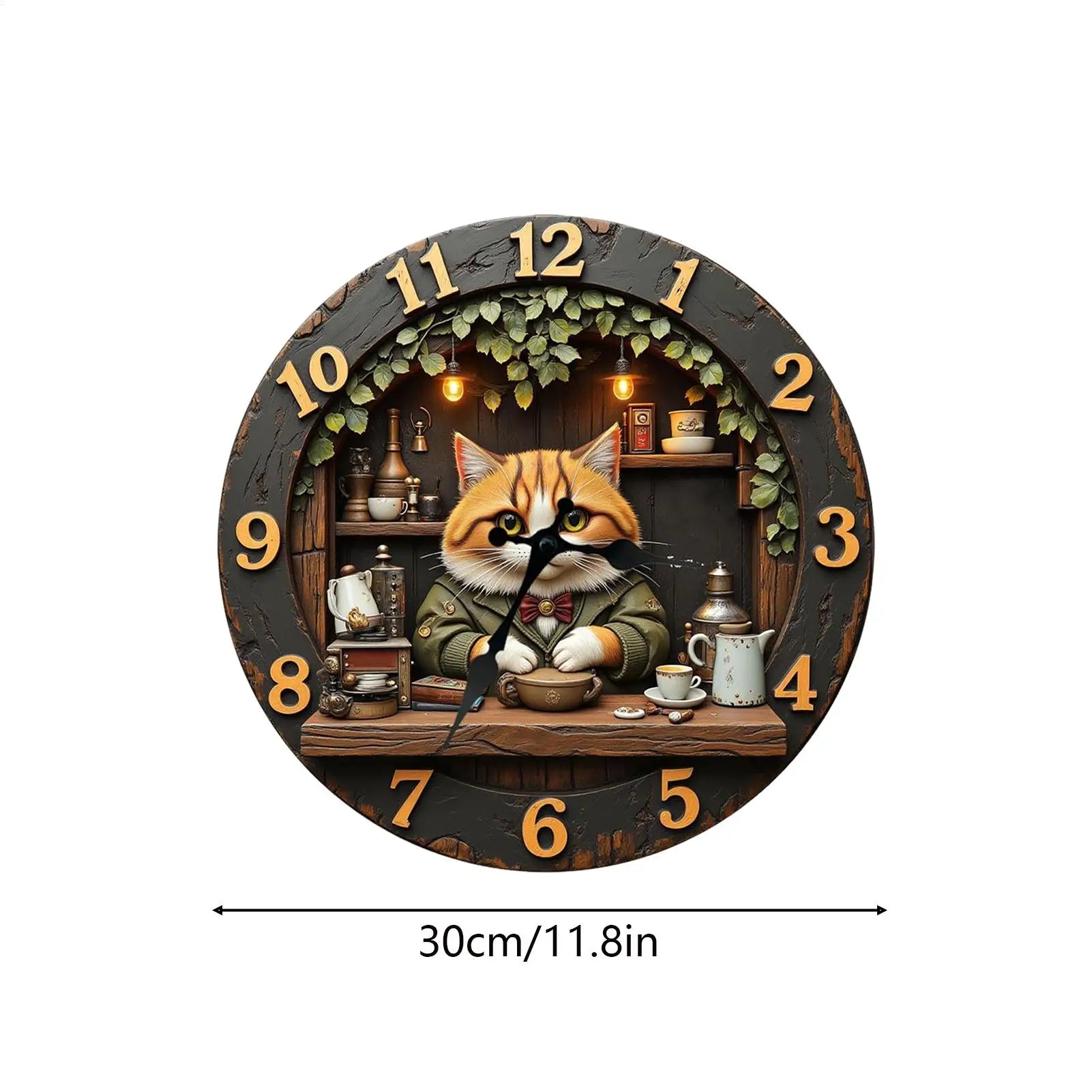 🏠 Horloge murale en bois motif chat – Silencieuse, 30 cm, déco vintage