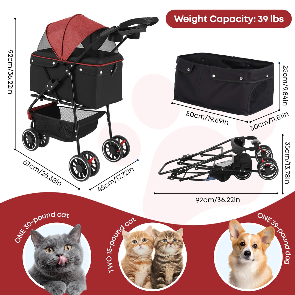 Poussette 3 roues pliable pour chien et chat — auvent en maille respirante, transport voyage