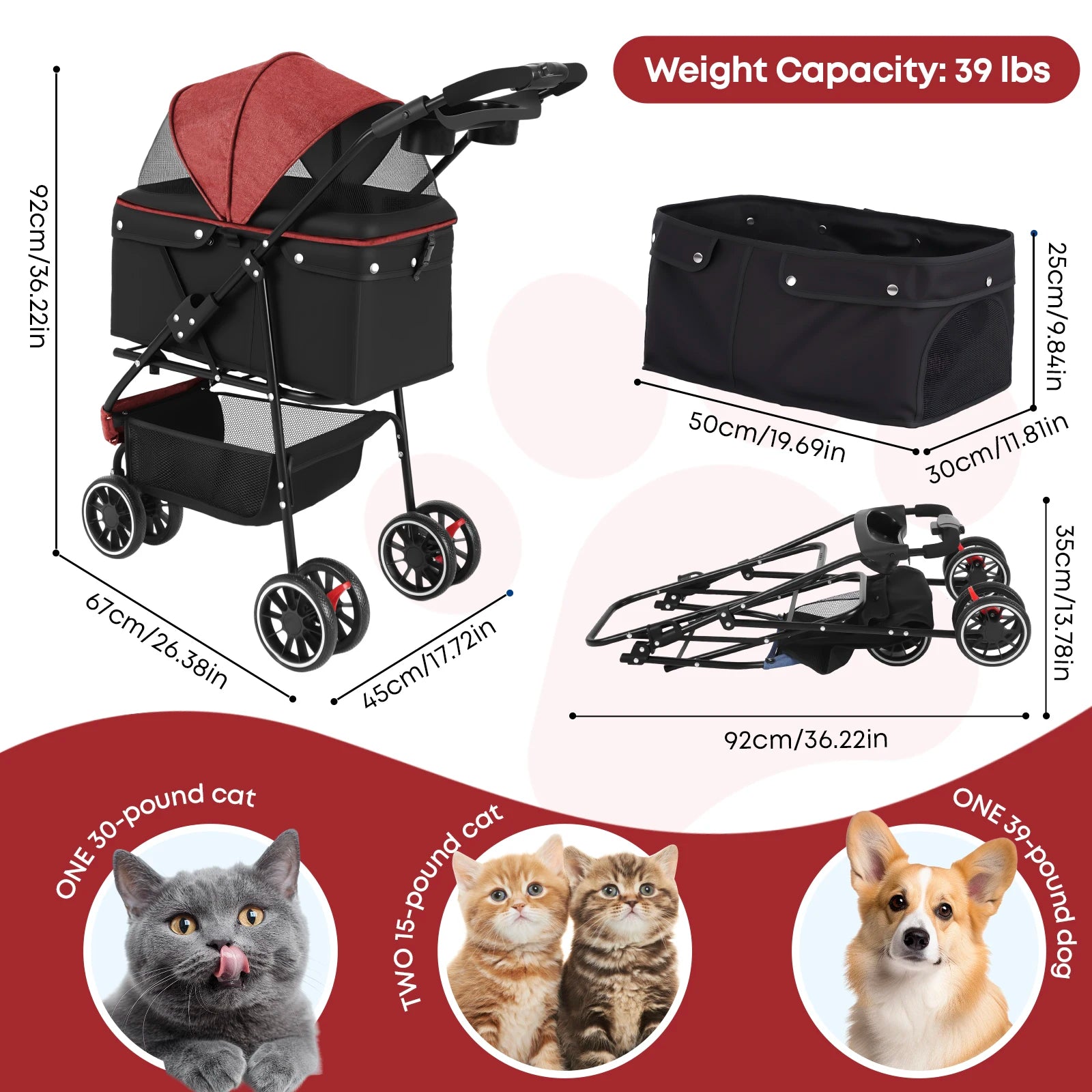 Poussette 3 roues pliable pour chien et chat — auvent en maille respirante, transport voyage