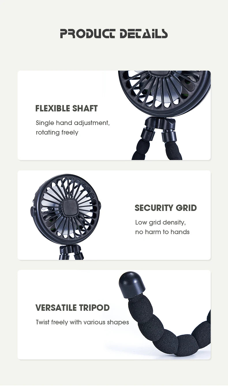 🏠 Ventilateur portable à clipser pour poussette – Mini ventilateur USB oscillant avec trépied flexible