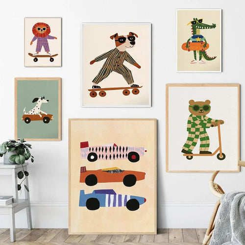 🏠 Affiche canvas skateboard – chien, lion & ours | Décoration Chambre Enfant