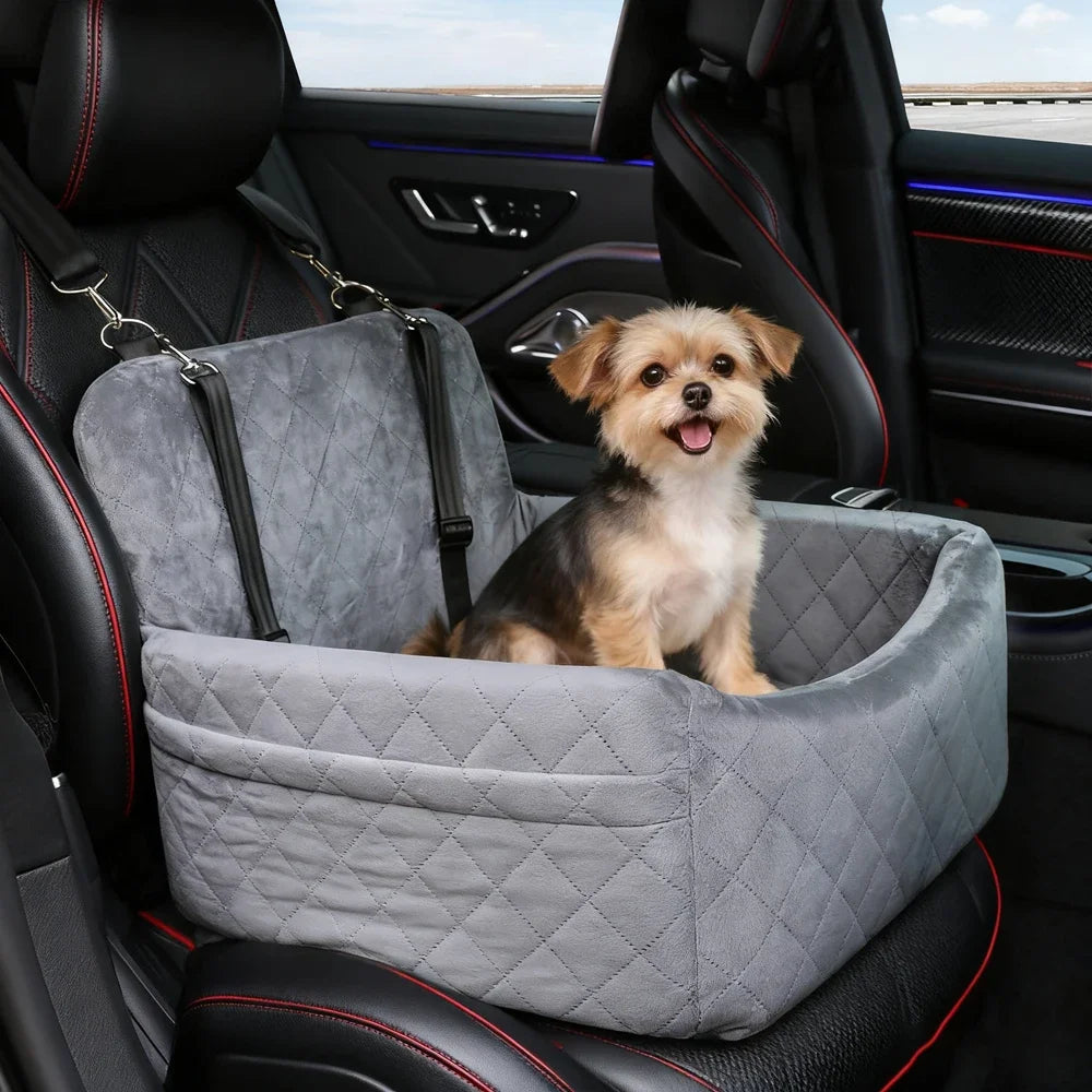 Siège de voiture portable pour chien — coussin lavable, ceinture de sécurité et poche de rangement