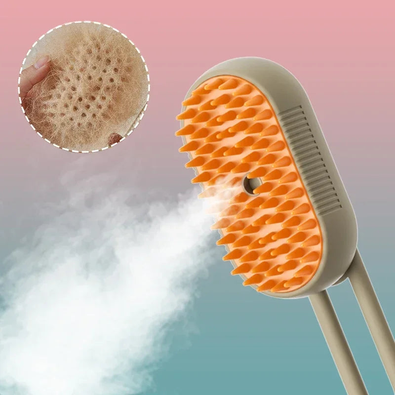brosse vapeur rechargeable par USB. Conçue pour les chats et chiens à poils courts ou longs, elle combine démêlage, massage et nettoyage en une seule séance.