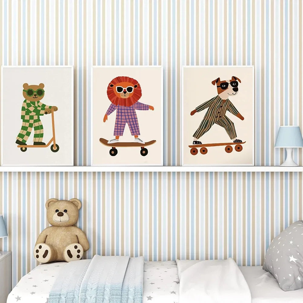 🏠 Affiche canvas skateboard – chien, lion & ours | Décoration Chambre Enfant