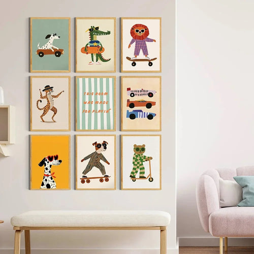 Affiche canvas chien, lion & ours à thème skate. Impression HD imperméable, 4 formats disponibles. Idéale chambre enfant