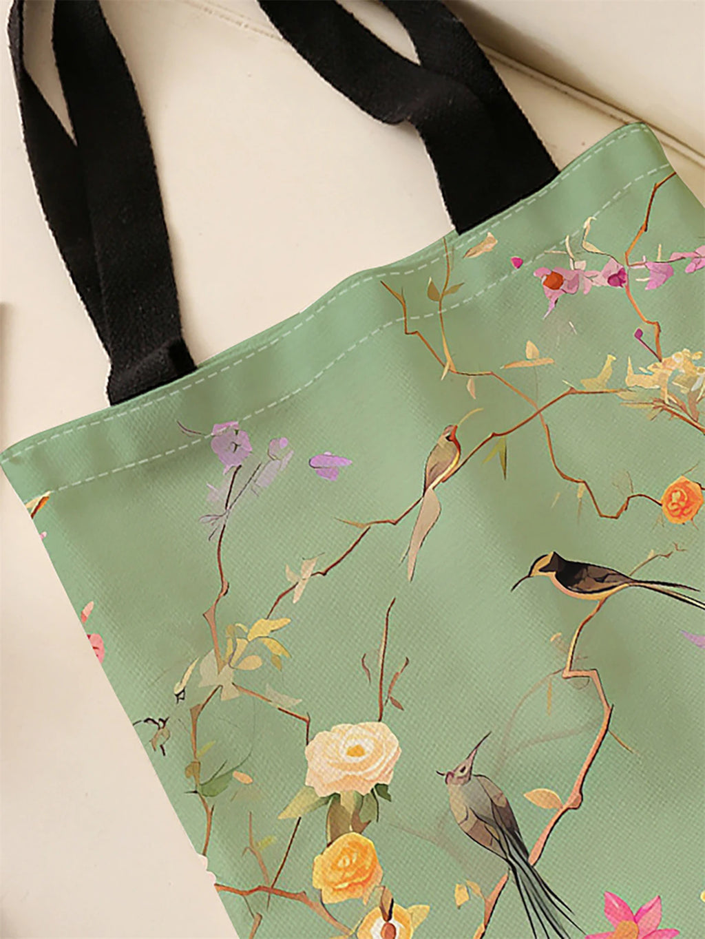 🏠 Tote bag fleurs & oiseaux canvas – Sac cabas imprimé nature, réutilisable & tendance