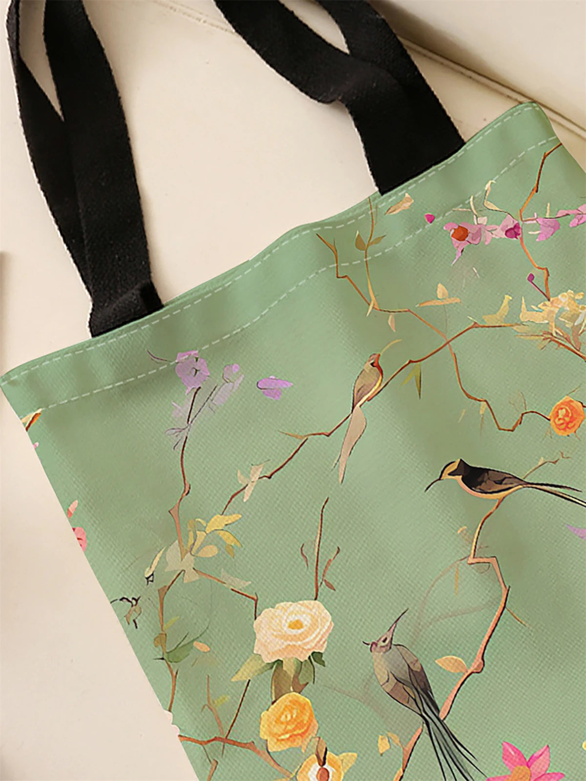 🏠 Tote bag fleurs & oiseaux canvas – Sac cabas imprimé nature, réutilisable & tendance