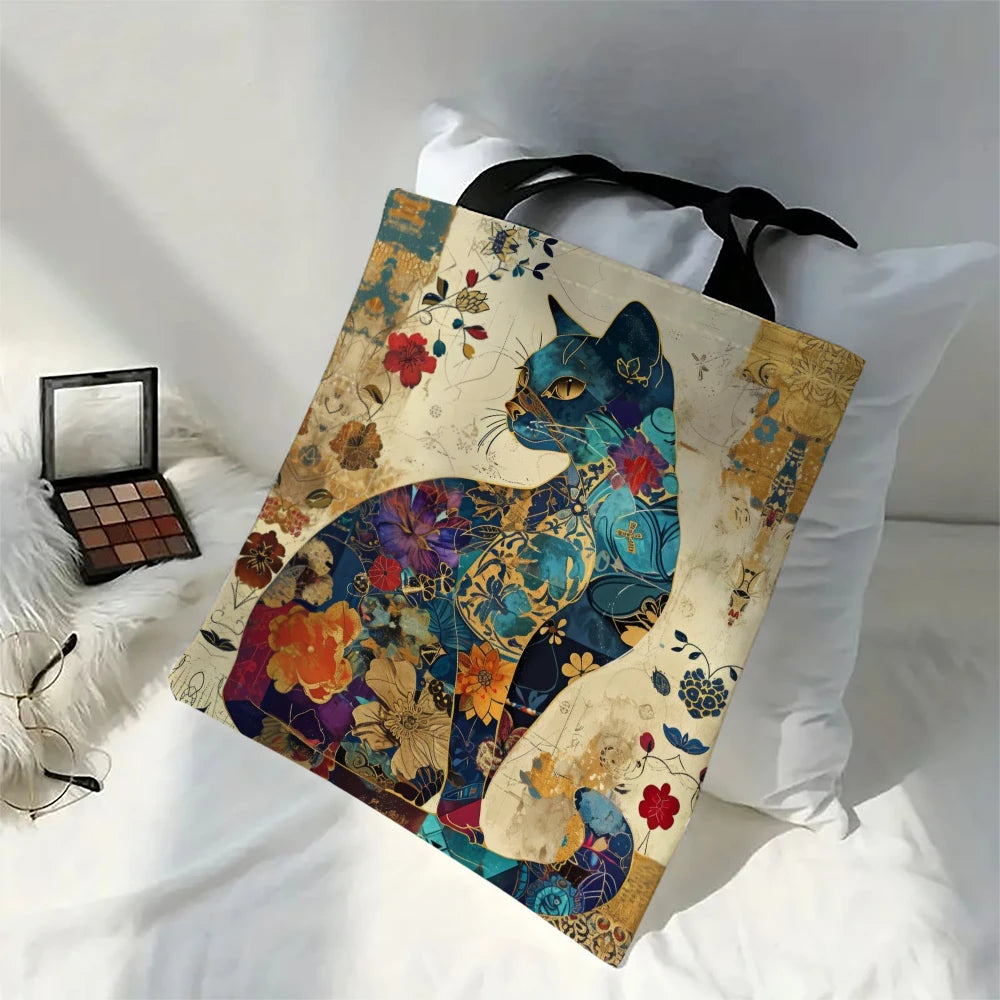 🏠 Tote bag canvas motif chat floral – Sac cabas léger, écologique & tendance