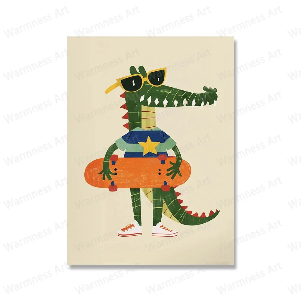 🏠 Affiche canvas skateboard – chien, lion & ours | Décoration Chambre Enfant